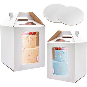 KBG Tall Cake Boxes White with Window,2pcs Tiered Cake Boxes 10x10x12 and 12x12x14 Inch Tier Cake Carrier with 2 Cake Boards,Disposable Cake Containers for 10 Inch 12 Inch