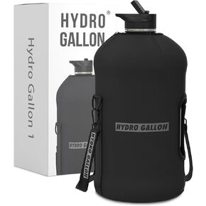 Hydro Gallon® - 1 Gallon Water Bottle Jug with Insulated Sleeve and Straw Lid, Handle, Time Marker, Pocket, Shoulder Strap. Daily Intake Leakproof BPA free Large Big Bottle Men. 128oz (Black)