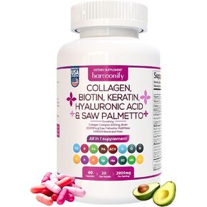 Collagen Biotin Keratin Saw Palmetto Hyaluronic Acid Complex Supplement with Vitamin E, Folic Acid, Pumpkin Seed and MSM, Hair Skin & Nails Multivitamins, 16 in 1 Capsules, 1000 mg