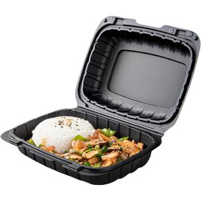 Restaurantware Thermo Tek 6 × 6 × 3 بوصة حاويات إخراج مملوءة بالمعادن 100 حاوية متينة للاستخدام - حاويات صدفية بلاستيكية سوداء شديدة التحمل يمكن التخلص منها مناسبة للأطعمة الساخنة والباردة