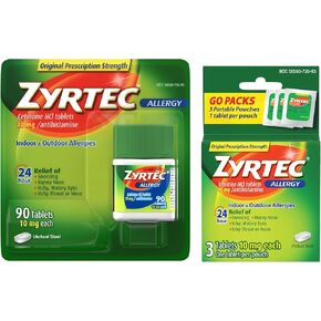 Zyrtec 24 Hour Allergy Relief Tablets, Indoor and Outdoor Allergy Medicine with 10 mg Cetirizine HCl per Antihistamine Tablet, Value Pack, 90 ct + 3 ct Travel Packs