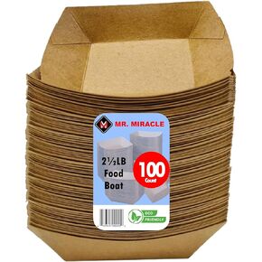 Mr Miracle Paper Food Trays, Kraft Paper. Medium (2.5LB). 50 Pack, Disposable, Recyclable Serving Boats.For Condiments, Snacks & Concession Food, Grease Ressistant