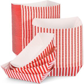 200 Pcs Paper Food Boats 2 Lb Disposable Paper Food Trays Red and White Striped Paper Food Serving Trays for Kids Party Fries Food Hot Dog Nacho Festivals Picnics Supplies