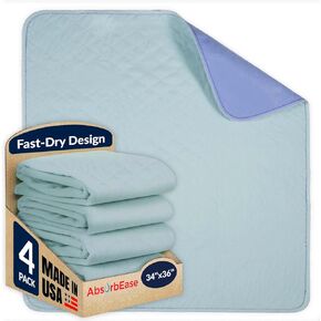 AbsorbEase® Fast Drying Washable Underpads, 34" x 36" (Pack of 4) - Heavy Absorbency Reusable Bedwetting Incontinence Pads for Kids, Adults, Elderly, and Pets - Waterproof Pad for Bed, Sofa, Floor