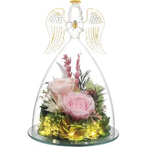 Preserved Flowers Roses as Mothers Day Gifts for Mom, Women, Wife, Grandma, Real Rose in Glass Angel Figurines with LED Light as Birthday Gifts, Anniversary Day Gifts, Get Well Gifts