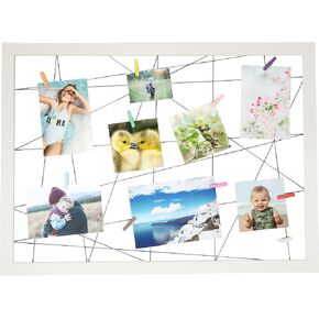 MODERNX DESIGNS Wooden Picture Frame with Clips - 25.4"x18.5" Hanging Photo Display Board, White Picture Holder for Wall, 10 Clothespin Picture Collage Board