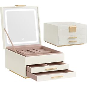 SONGMICS Jewelry Box with Mirror and LED Lights, 3-Tier Jewelry Storage Organizer with 2 Drawers, PU Surface, Floating Base, Modern, Gift Idea, 9.1 x 9.1 x 5.5 Inches, Cream White and Gold UJBC169W01