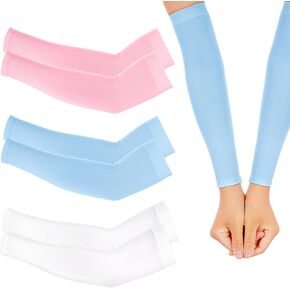 3Pairs Kids Arm Sleeves Thinly UV Sun Protection Cooling Arm Cover Compression Sleeves, Outdoor Sport Breathable Elastic Ice Sleeve for Youth Boys Girls (7-12 Years) (White&Pink&Blue)