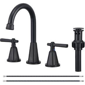 Bathroom Sink Faucet, Brushed Gold 8 Inch Widespread Bathroom Faucet for Sink 3 Hole, 2 Handle Sink Faucet with Pop Up Drain and 2 Supply Hoses for RV Bathroom Vanity