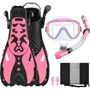 Kids Mask Fins Snorkel Set, Dry Top Snorkeling Gear for ages 5-16,Panoramic View Anti-Fog Diving Mask, Adjustable Swim Fins with Carry Bag Ear Plugs for Junior Youth Boys Girls