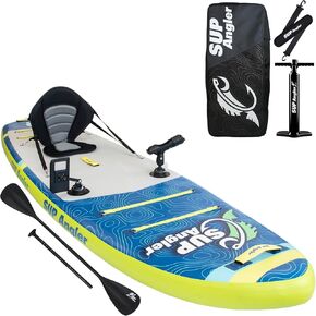 لوح مجداف قابل للنفخ لصيد السمك من SUP Angler X-Wide، اختر حزمة الملحقات، حاملات قضبان الصيد القابلة للتعديل، منافذ الملحقات، مقعد الكاياك، مجداف مزدوج، حبال مطاطية رباعية، 10'8 بوصة × 35 بوصة