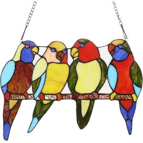 Bieye W10001 Tropical Birds Tiffany Style Stained Glass Window Panel with Chain, 14.5-inch Wide (4 Parrots)