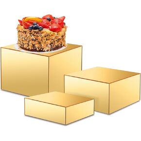 3 Pcs Buffet Risers 6'' 7'' 8'' Gold Food Risers for Buffet Table Acrylic Boxes for Food Display with Hollow Bottoms Display Stand Shelf Food Service Countertop Display Cases for Dessert
