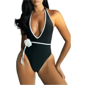 OYOANGLE Women's 3D Flower One Piece Swimsuit Deep V Neck Tie Backless Halter Swimwear