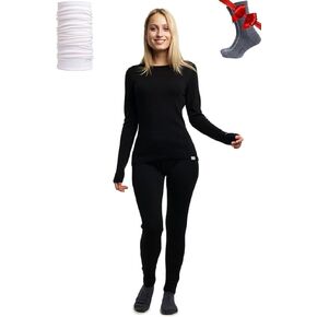 Merino Wool Base Layer Womens Set - Midweight Merino Wool Thermal Underwear for Women Top & Bottom + Neck Gaiter