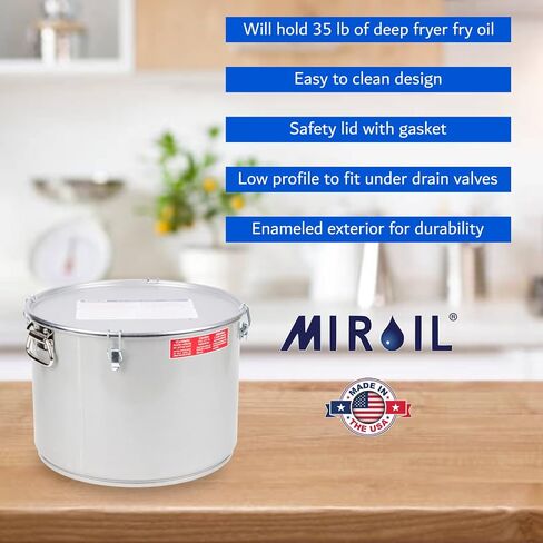 MirOil 7 Gal Grease Bucket & Oil Filter Pot, Made USA, Gasket Safety Lid with Lock Clips, Fryer Oil Capacity Up to 55 lbs. Low Profile To Fit Under Drain Valves, For Filtering of Hot Oil, 60L in Saudi Arabia