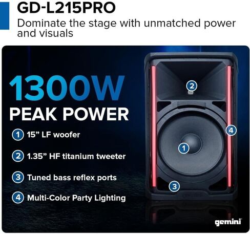 مكبرات صوت Gemini Sound GD-L215PRO احترافية بقدرة 1300 وات مع حزمة بلوتوث مع حامل مكبر صوت فولاذي Auray SS-4420 وكابل XLR- XLR in Kuwait