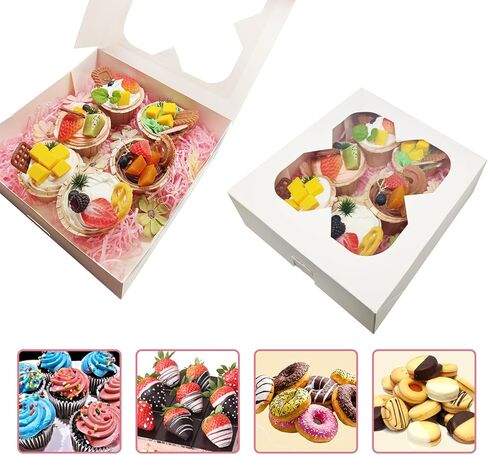 25 علبة فطائر مقاس 10 × 10 × 2.5 مع نافذة، وصناديق مخبز بيضاء للفطائر والدونات والشوكولاتة بالفراولة in Kuwait