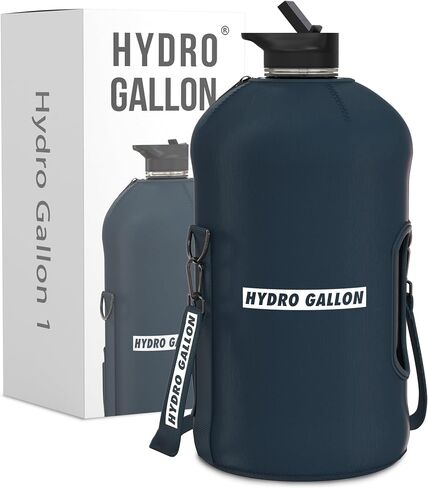 Hydro Gallon® - 1 Gallon Water Bottle Jug with Insulated Sleeve and Straw Lid, Handle, Time Marker, Pocket, Shoulder Strap. Daily Intake Leakproof BPA free Large Big Bottle Men. 128oz (Black) in Saudi Arabia
