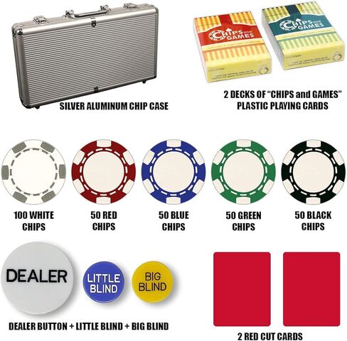 مجموعة DA VINCI مكونة من 300 شريحة 11.5 جرام مكونة من 6 نقاط مع علبة من الألومنيوم، و2 ورق لعب بلاستيكي، و2 بطاقة مقطوعة، وأزرار موزع وأزرار عمياء in Kuwait