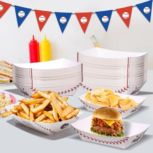 ISKYBOB 100 Packs Baseball Party Supplies, 2lb Disposable Paper Food Trays Serving Boats for Baseball Theme Birthday Decorations Nacho Trays Grease Resistant Hot Dog Tray for Snacks, Concession Food in Saudi Arabia