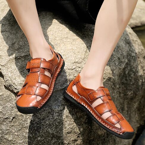 صنادل صياد مسطحة من الجلد الطبيعي للرجال مغلقة ومضادة للتصادمات ورأس قابل للتعديل وحلقة ربط ناعمة من الأسفل وخياطة يدوية صنادل شاطئ مريحة ومضادة للانزلاق in Kuwait