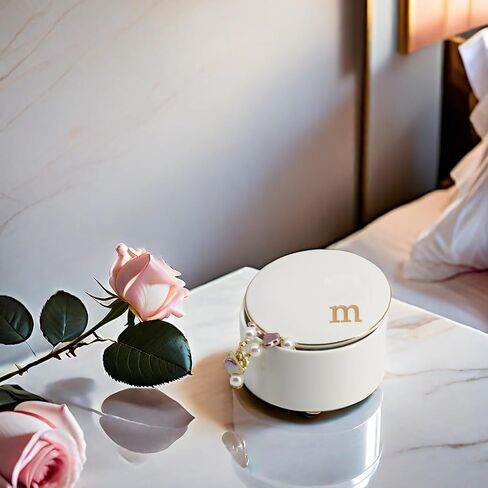COLLECTIVE HOME - Ceramic Jewelry Box, Elegant Embossed Jewelry Holder, Trinket Organizer with Gold Monogram Lid, Storage for Ring Necklace Bracelet Earrings, Rings and Accessories (a) in Kuwait