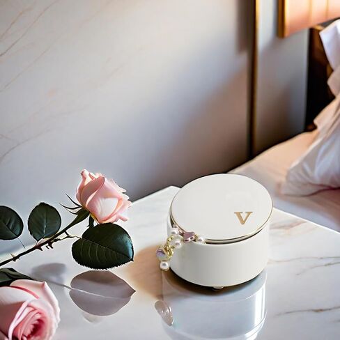 COLLECTIVE HOME - Ceramic Jewelry Box, Elegant Embossed Jewelry Holder, Trinket Organizer with Gold Monogram Lid, Storage for Ring Necklace Bracelet Earrings, Rings and Accessories (a) in Kuwait