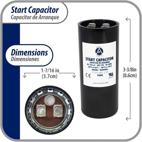 Appli Parts motor start capacitor 189-227 Mfd (microfarads) uF 330 VAC universal fit for electric motor applications 1-3/4 in Wide 3-3/8 in Height CON-189-330 in Saudi Arabia