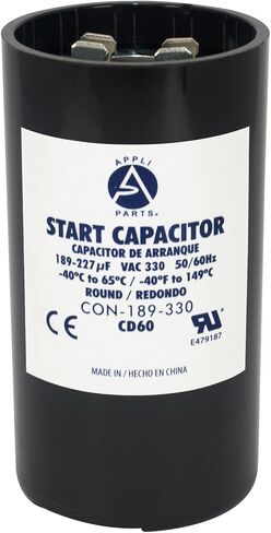 Appli Parts motor start capacitor 189-227 Mfd (microfarads) uF 330 VAC universal fit for electric motor applications 1-3/4 in Wide 3-3/8 in Height CON-189-330 in Saudi Arabia
