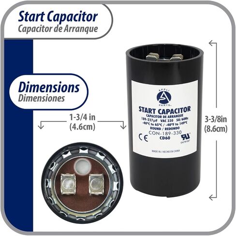 Appli Parts motor start capacitor 189-227 Mfd (microfarads) uF 330 VAC universal fit for electric motor applications 1-3/4 in Wide 3-3/8 in Height CON-189-330 in Saudi Arabia