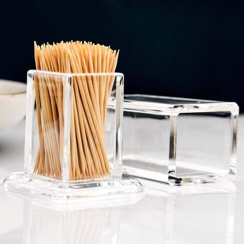 Acrylic Toothpick Cotton Swab Holder Dispenser Organizer Clear Storage Box with Lid (Rectangle Shape) YTBH-08122 in Kuwait