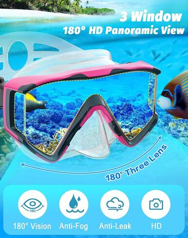 Greatever Snorkel Set Pano 3 Window Snorkel Mask Adult, Panoramic Wide View, Anti-Fog Scuba Diving Mask, Anti-Leak Snorkel Goggles Dry Top Snorkel, Professional Snorkeling Gear for Adults in Saudi Arabia