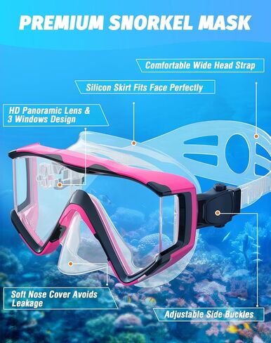 Greatever Snorkel Set Pano 3 Window Snorkel Mask Adult, Panoramic Wide View, Anti-Fog Scuba Diving Mask, Anti-Leak Snorkel Goggles Dry Top Snorkel, Professional Snorkeling Gear for Adults in Saudi Arabia