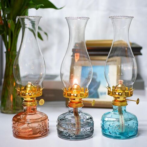 Chamber Oil Lamp -10.6''×3.35'' Snowflake Gray Vintage Kerosene Lamp Crimped Top Chimney Beautifully Carved Glass Oil Lamps for Indoor Use in Kuwait