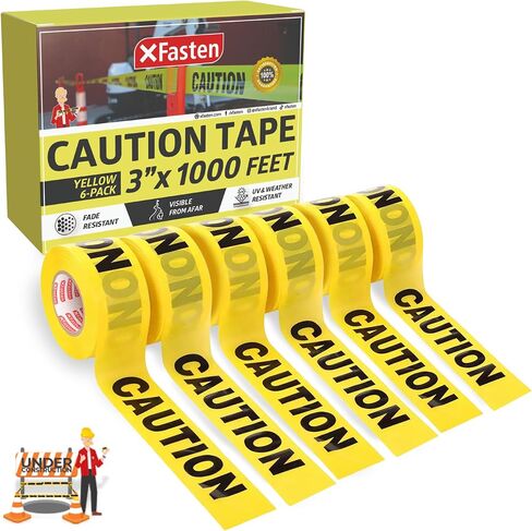 XFasten Yellow Caution Tape Roll 3 Inch x 1000 Feet 6-Pack (6000 Feet) Bold Black and Yellow Safety Tape, Barricade Tape, Construction Tape for Caution Tape Party Decorations Hazard Warning in Saudi Arabia