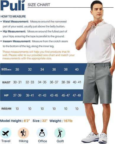 PULI Mens Golf Dress Shorts 10 Inch Inseam Casual Flat Front Summer Hiking Shorts with Pockets in Kuwait