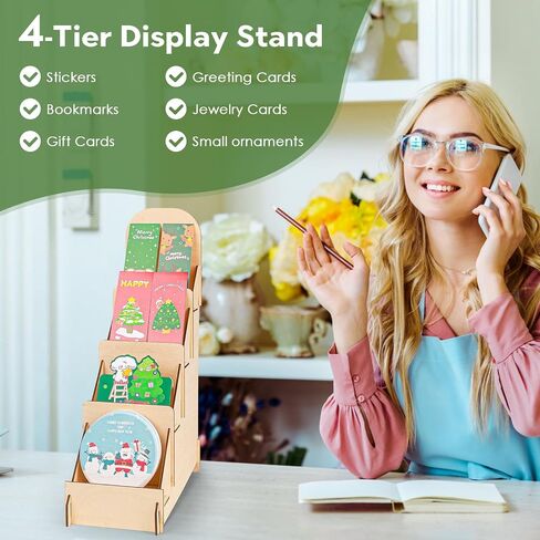 Greeting Card Display Stand, 4 Tier Retail Display Stand, Wooden Card Display Stand, Portable Sticker Display Stand for Coasters, Bookmarks, Vendors, Craft Trade Shows in Saudi Arabia