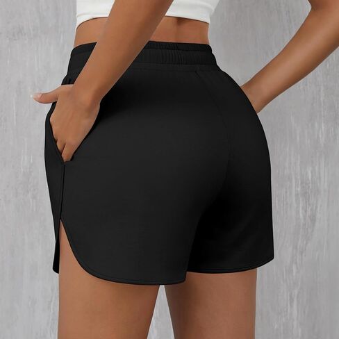 Neer 3Pcs Women's High Waisted Running Shorts with Pocket 2024 Athletic Shorts Knitted Drawstring Sweat Shorts in Saudi Arabia