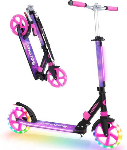 BELEEV V8 Scooter for Kids Ages 6+ with LED Light-Up Stem & Deck, Foldable Big Wheel Scooter with Adjustable Height, Shock Absorption, Carry Strap, 2 Wheel Kick Scooter for Adults, Teens, Up to 220lbs in Saudi Arabia