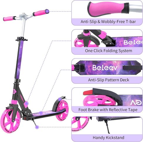 BELEEV V8 Scooter for Kids Ages 6+ with LED Light-Up Stem & Deck, Foldable Big Wheel Scooter with Adjustable Height, Shock Absorption, Carry Strap, 2 Wheel Kick Scooter for Adults, Teens, Up to 220lbs in Saudi Arabia