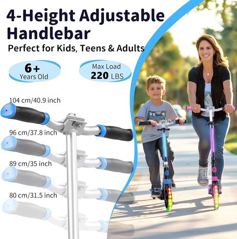 BELEEV V8 Scooter for Kids Ages 6+ with LED Light-Up Stem & Deck, Foldable Big Wheel Scooter with Adjustable Height, Shock Absorption, Carry Strap, 2 Wheel Kick Scooter for Adults, Teens, Up to 220lbs in Saudi Arabia
