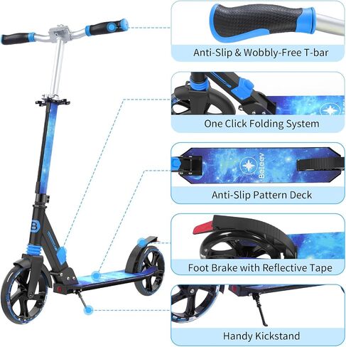 BELEEV V8 Scooter for Kids Ages 6+ with LED Light-Up Stem & Deck, Foldable Big Wheel Scooter with Adjustable Height, Shock Absorption, Carry Strap, 2 Wheel Kick Scooter for Adults, Teens, Up to 220lbs in Saudi Arabia
