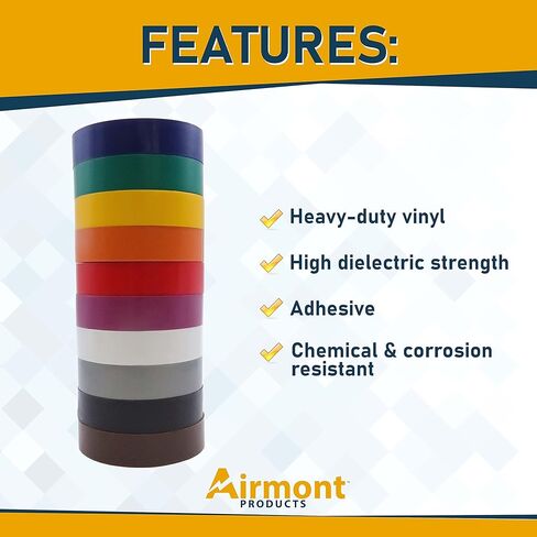 AMMO AP-10960 حزمة من 10 أشرطة كهربائية متعددة الألوان للأغراض العامة، فينيل من الدرجة الصناعية، الطول: 60 قدم، لاصق، عزل حراري للأسلاك الكهربائية، قوة عازلة عالية in Kuwait