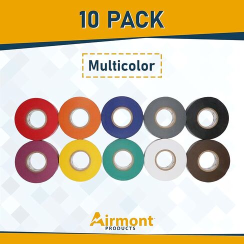 AMMO AP-10960 حزمة من 10 أشرطة كهربائية متعددة الألوان للأغراض العامة، فينيل من الدرجة الصناعية، الطول: 60 قدم، لاصق، عزل حراري للأسلاك الكهربائية، قوة عازلة عالية in Kuwait