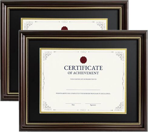 إطار شهادة بإطار دبلوم 8.5 × 11، عبوتان، عرض 8.5 × 11 بوصة مع حصيرة سوداء فوق ذهبية أو عرض مستند 11 × 14 بدون حصيرة، إطارات صور بنية داكنة، سطح الطاولة أو الحائط in Kuwait