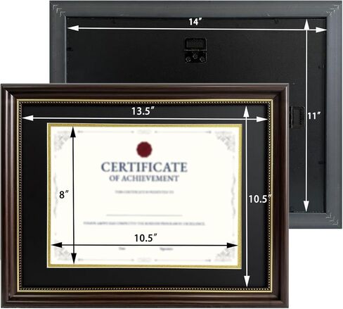 إطار شهادة بإطار دبلوم 8.5 × 11، عبوتان، عرض 8.5 × 11 بوصة مع حصيرة سوداء فوق ذهبية أو عرض مستند 11 × 14 بدون حصيرة، إطارات صور بنية داكنة، سطح الطاولة أو الحائط in Kuwait