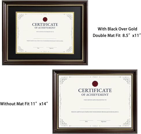 إطار شهادة بإطار دبلوم 8.5 × 11، عبوتان، عرض 8.5 × 11 بوصة مع حصيرة سوداء فوق ذهبية أو عرض مستند 11 × 14 بدون حصيرة، إطارات صور بنية داكنة، سطح الطاولة أو الحائط in Kuwait