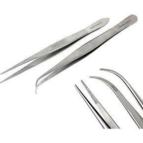 Set of 2 Micro Precision Surgical Forceps with Serrated Tips Stainless Steel Lab Tweezers - Strong Point Straight & Curved Tips- 5.5 Inch - Essential Labware Supplies & Lab Starter Kit Tweezers