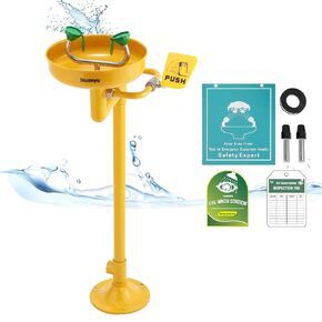Huanyu Emergency Eye Wash Station Pedestal Mounted Eyewash Station Adjustable Water Flow Hands-Free Operation Eye Washing Station Stainless Steel with Eye Wash Sign Factory Applicable 1207-1 Yellow